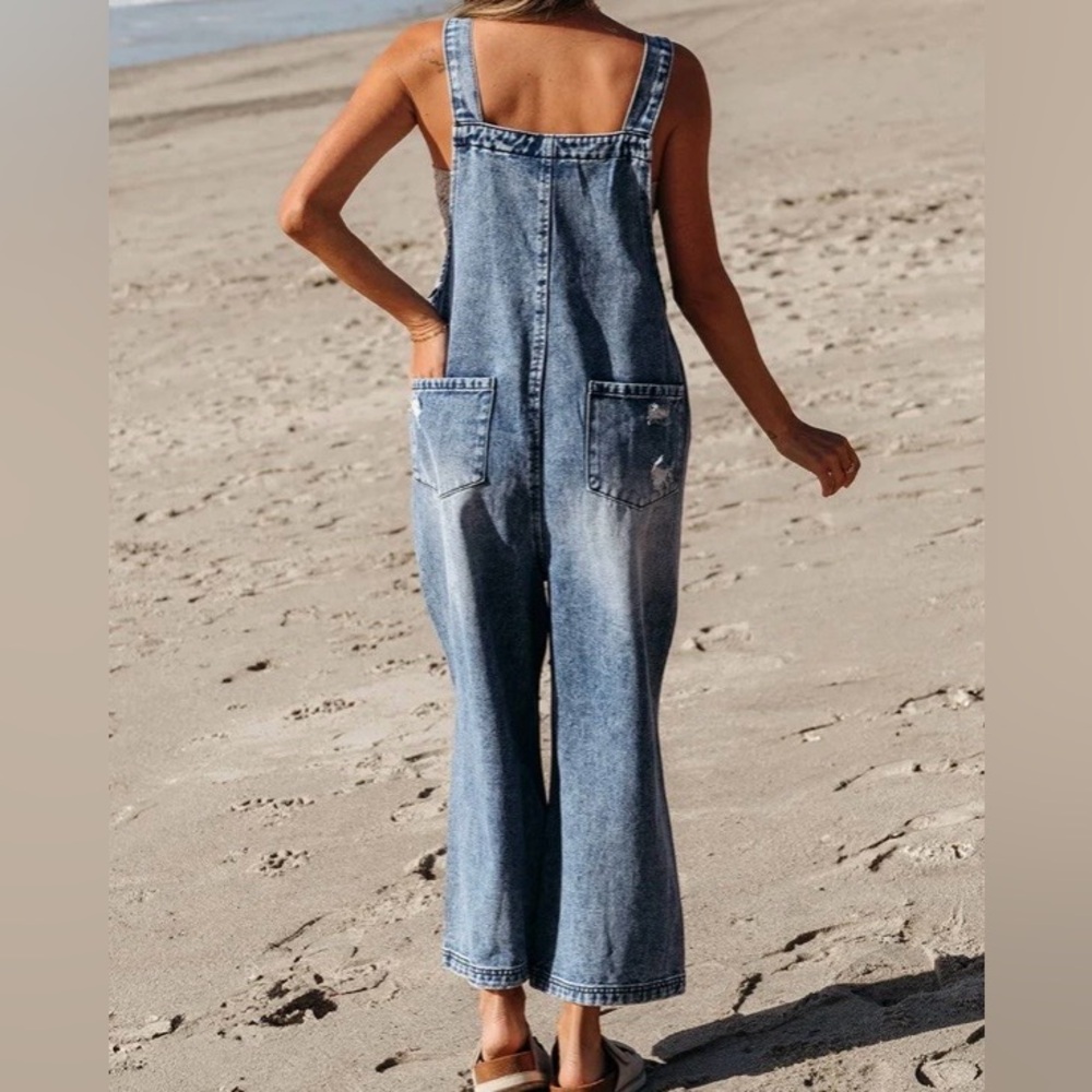 Women's Distressed Denim Overalls - Picture 2 of 3